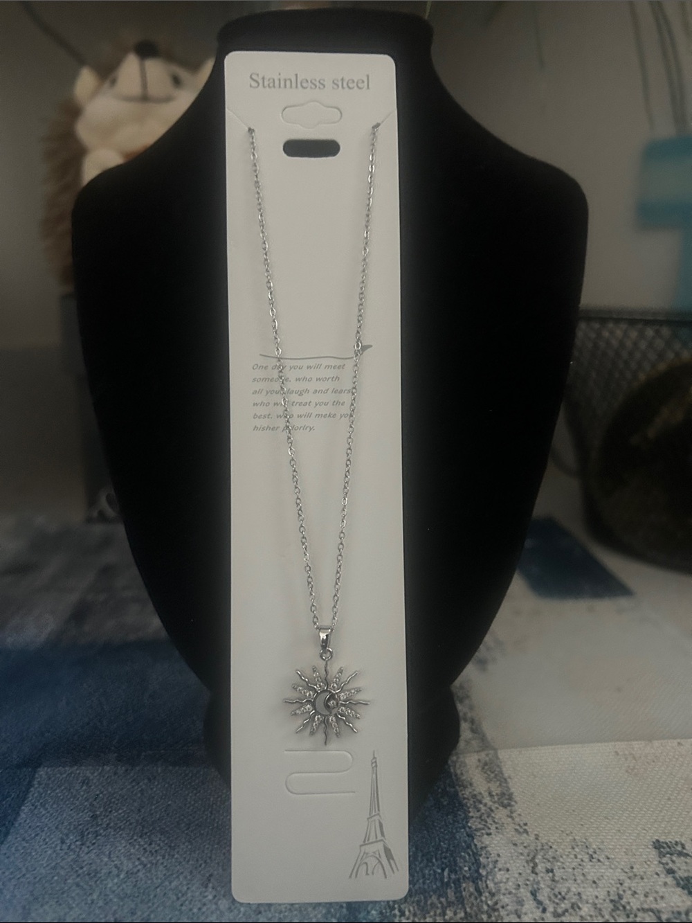Stainless Steel Sunburst Pendant Necklace - Silver